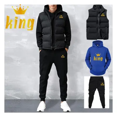 (blue, 3XL) Men Casual Sets Vest + Hoodies + Pants Piece Tracksuit Male Sportswear Set