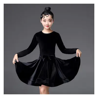 (black, 170) Girls Velvet Latin Salsa Dance Dress Gymnastics Dancewear Ballroom Dancing Costume