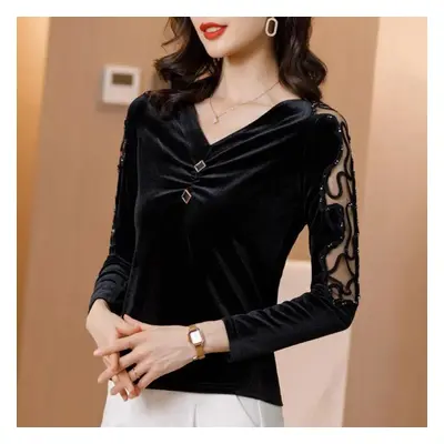 (black, XL) Ladies Blouse Pleuche Top Women&apos;s Autumn And Spring Lace Hollow Out V-neck Long