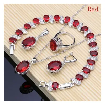 (red, 7) Natural Silver Jewelry Red Birthstone Charm Jewelry Sets Women Earrings/pendant/necklac