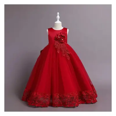 (dark red, (7-8T)) Summer Tulle Flower Girls Dress For Wedding Party Child Princess Pageant Long