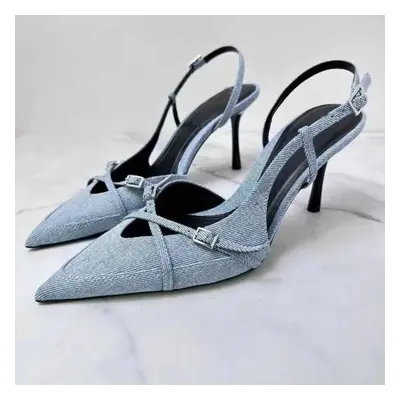 (blue, 39) Women&apos;s Shoes High Heels Denim Shallow Straps Hollow Baotou Sexy Stiletto Fashio