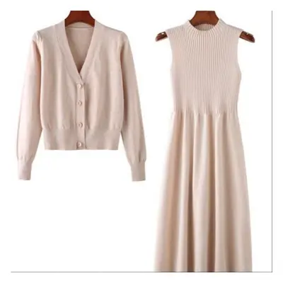 (apricot, 2XL) Autumn Cardigan Dress Two-piece Elegant Temperament Suit Mid-length Style Waist S