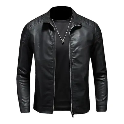 (black, XXXXXL) Spring New Men&apos;s Leather Jacket With Stand Collar