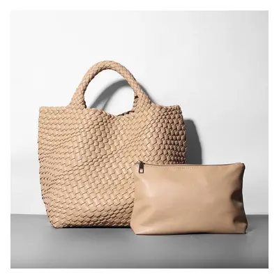 (apricot) Pu Leather Bucket Bag For Women Soft Leather Tote Bag Shoulder Bag Luxury Knitting Des