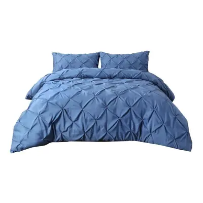 (blue, Queen) Solid Color Pinch Pleated Pintuck Decorative Duvet Cover Set With Pillow Shams Sin