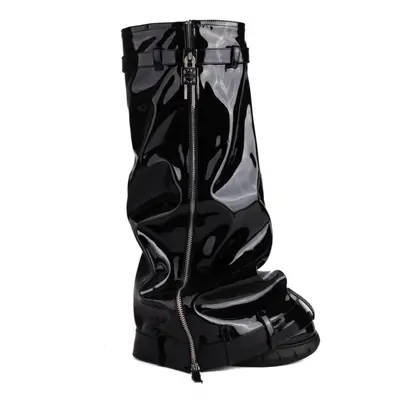 (black, 48) Krazing Pot Pu Leather Winter Shoes Big Size Super High Heels Wedges Waterproof Stra