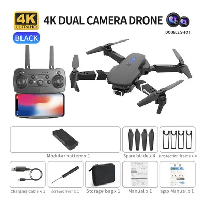 (Black) Mini Drone Foldable Rc Quadcopter Helicopter With 4k Hd Dual Camera For Kids Adults