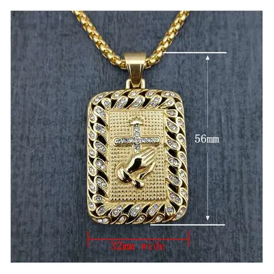 (Gold-color, 55cm) Religious Square Praying Hands Cross Pendant Necklace for Women/Men Stainless