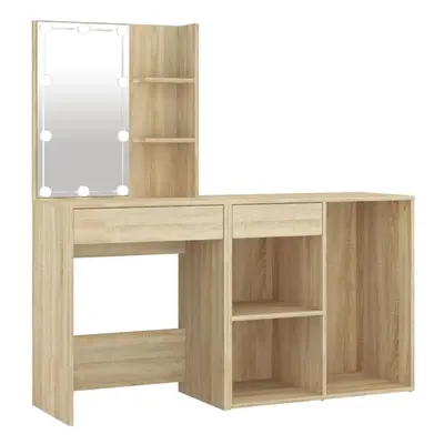 vidaXL LED Dressing Table with Cabinet Sonoma Oak Engineered Wood Makeup Table