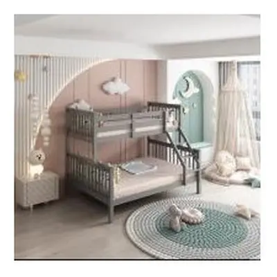 Grey Bunkbed with Mattresses 3ft Single & 4ft6 Double Trio Bunkbed, Wooden Children Bedroom Furn