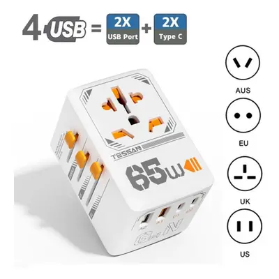 (white, USB-A & USB-C-65W) Tessan 35w/65w/100w Gan Universal Travel Adapter All-in-one Travel Ch