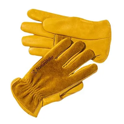 (L) Outdoor cowhide gloves labor insurance wear-resistant working camping leather retro yellow g