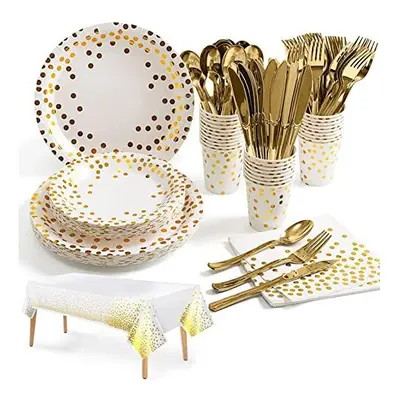 Nkaiso Party Tableware White Gold Pieces Paper Tableware Set Includes Paper Plates Napkins Paper