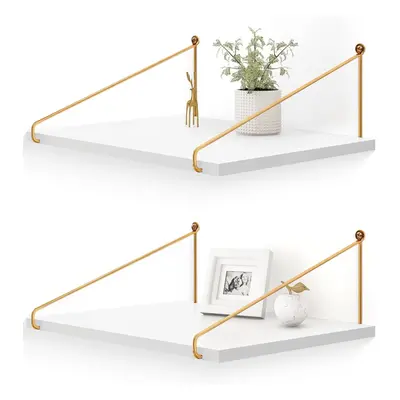 (12 inch Wide, White) Wide Floating Shelves White Wood Wall Shelf with Gold Bracket Large Wall O