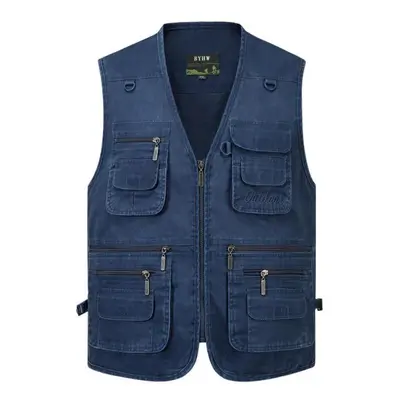 (blue, XXXXL) Men&apos;s Vest Casual Jacket Spring And Autumn Loose Style Cotton Multi-pocket Zi