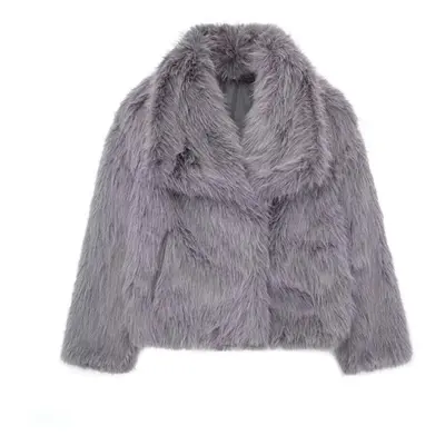 (gray, XS) Women&apos;s Fall Winter Faux Fox Fur Jacket Fashionable Turn-down Collar Coat Luxuri