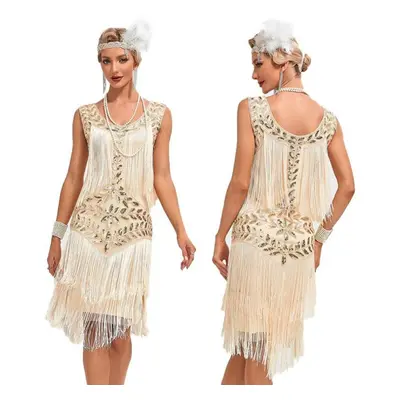 (gold, 3XL) 1920s Vintage Gatsby Ball Gown, Round Neck Sequin Embroidered Suspenders Large Size 