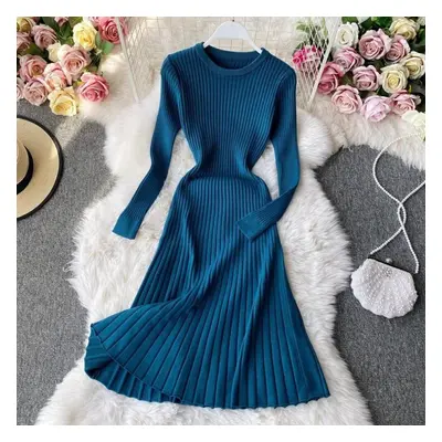 (blue, One Size) Vintage Women&apos;s Dress Solid Color O-neck Long Sleeve Knit Dresses Female H