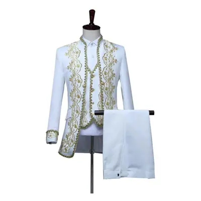 (white, 3XL) Men&apos;s Wedding Suit Medieval Jacket+vest+pants Pieces Retro Costume Military Bl