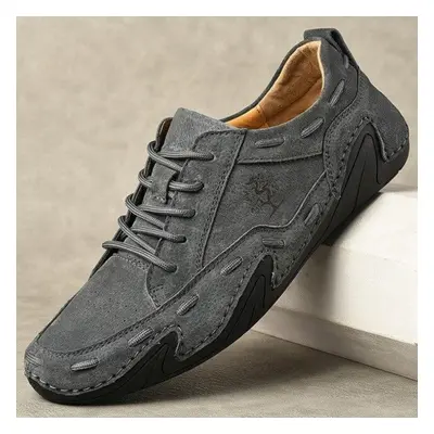 (gray, 48) Men&apos;s Casual Shoes Fashion Leather Sneakers Handmade Breathable Large Size