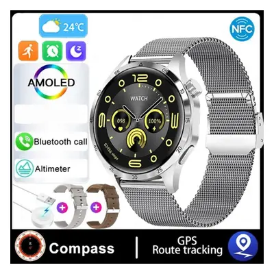 (silver, Silicone+Leather+Milan) Gt4 Smart Watch Men Watch Pro Amoled Hd Screen Bluetooth Call N