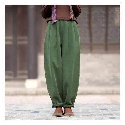 (green, One Size) Johnature Women Vintage Warm Bloomers Pants Solid Color Linen Winter Elastic W