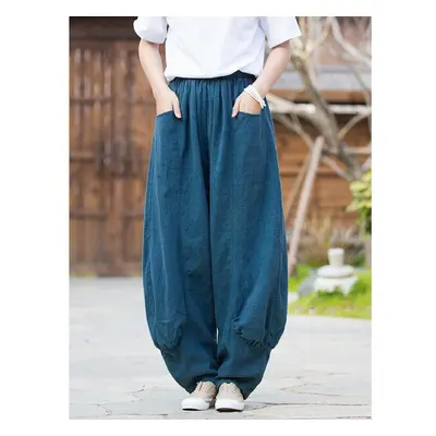 (navy blue, L) Johnature Women Casual Linen Wide Leg Pants Elastic Waist Solid Color Trouser Spr