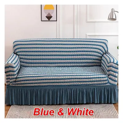 (blue,white, Four persons 235-300cm) Ruffled Seersucker Sofa Cover For Living Room Thick Elastic