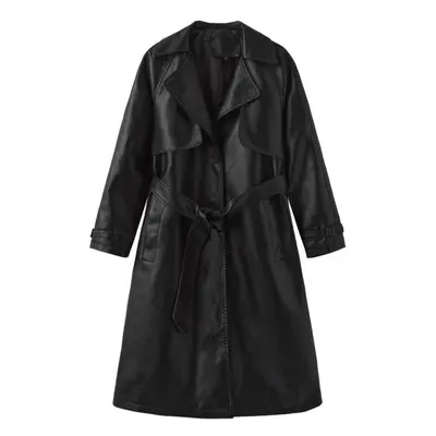 (black, S) Women's Coats Faux Leather Lapel Windbreaker Pu Loose Three Row Button Trench Coat Cl