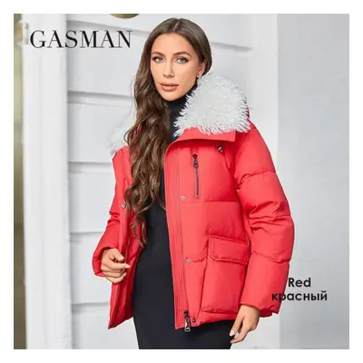 (red, XL) Gasman Fashion Winter Parkas Women&apos;s Short Fur Collar Slim Casual Hooded Warm Dow