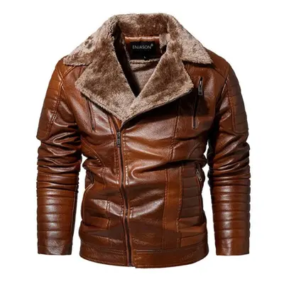 (brown, (EU SIZE S)) Men Fashion Leather Jacket Men Autumn Motorcycle Slim Fleece Jacket Coat Me