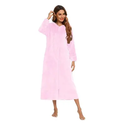 (pink, M) Women&apos;s Zip Up Plush Fleece Robe Hooded Warm Long Bathrobe Dressing Gown Winter C