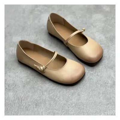 (beige, 36) Johnature Handmade Genuine Leather Flat Shoes Square Toe Soft Sole Comfortable Versa