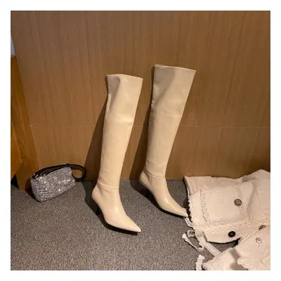 (beige, 41) Meotina Pleated Genuine Leather High Heel Knee-high Boots Women Shoes Pointed Toe Th