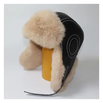 (khaki, 58cm) Men&apos;s Fur Caps Warm Natural Rabbit Fur Bomber Hat With Earflaps Winter Hot Sa