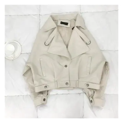 (beige, L) Loose Pu Leather Batwing Sleeve Vintage Leather Jacket Street Casual Outwear Ladies B