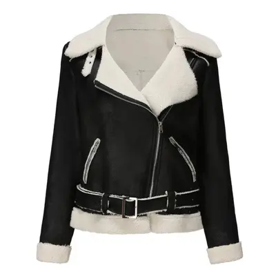 (black, XL) Fall Winter Women Lapel Collar Long Sleeve Slim Fit Zipper Pu Leather Jacket