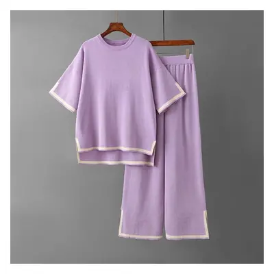 (purple, OneSize) Women Temperament Contrast Color Split Short Sleeve Knitwea High Waist Slim Wi