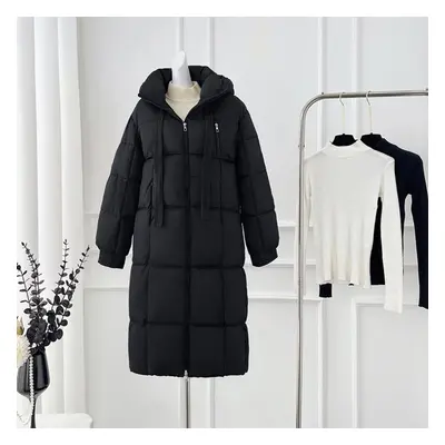 (black, M) Autumn Winter Thick Warm Medium Long Coat Women Loose Solid Color Hooded Jacket Parka