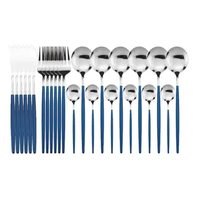 (blue,silver) 24pcs Black Gold Dinnerware Set Stainless Steel Cutlery Set Kitchen Fork Knife Spo