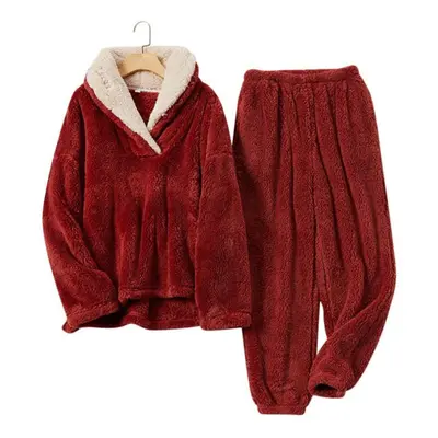 (red, L) Autumn Winter Pajamas Set Women Loungewear Fleece Sleepwear Home Suits Homewear Ladies 