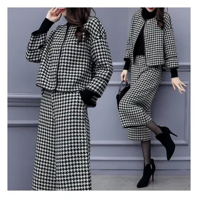 (black, M) Women&apos;s Autumn And Winter Two-piece Trousers Woolen Short Coat Wide-leg Pants Ca