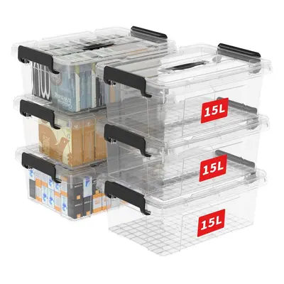 (15L*6) 15L*6 Storage Box, Plastic Storage Box with Lid, Organizing Container with Handle and Sa