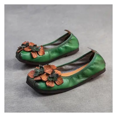 (green, 36) Johnature Retro Flower Flat Shoes Genuine Leather Soft Soled Comfortable Square Toe 