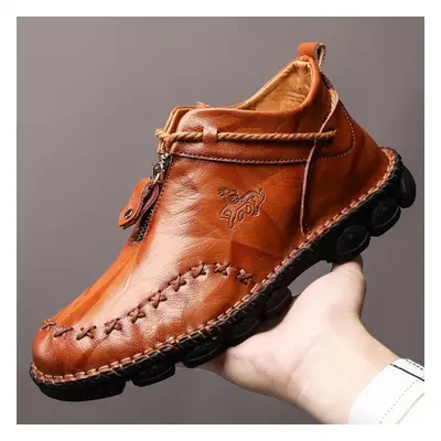 (brown, 45) Men&apos;s Leather High Top Boots Large Size Handmade Driving Car Men&apos;s Shoes