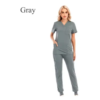 (gray, XL) Women Solid Color Short Sleeve With Pocket Set V-neck Quick Dry Nursing Working Unifo