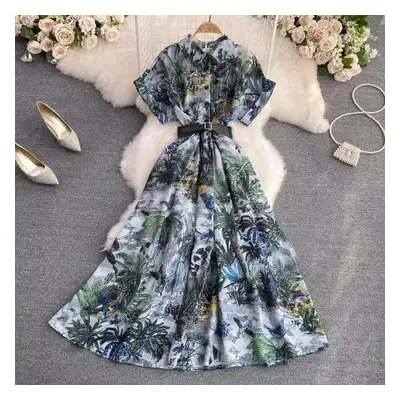 (green, L) Rugod Palace Style French Niche Temperament Elegant Printed Dress Women&apos;s Summer