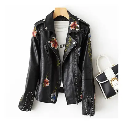 (black, S) Women Retro Floral Print Embroidery Faux Leather Jacket Coat Turndown Collar Pu Moto 