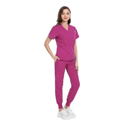 (rose red, S) Men&apos;s And Women&apos;s V-neck Short Sleeved Surgical Suit Hospital Nurse Suit